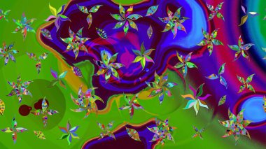 Parlak renkli fantezi çiçekleri, yapraklar, yeşil renkli tomurcuklar. Suluboya el çizimi elementli çiçek çizimi deseni.