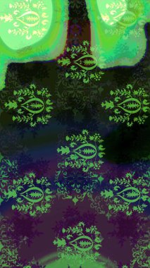 Yeşil renkli etnik çiçeklerle süslenmiş zarif bir eskiz şekli. Raster Çiçek İllüstrasyon Şirin Tekstil.