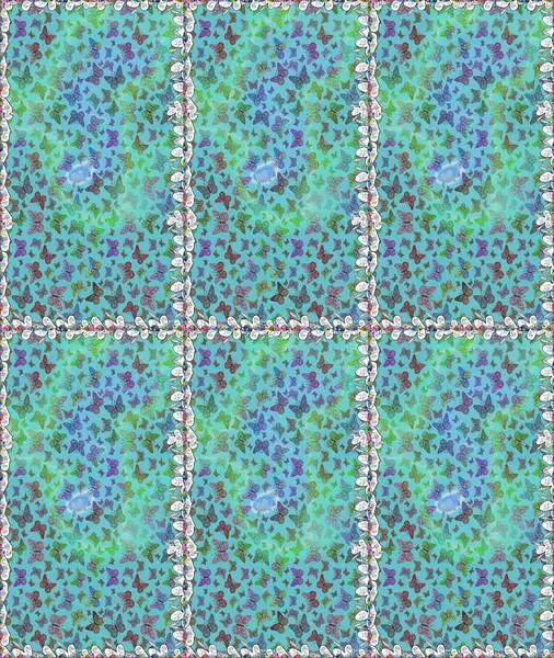 Moda Kumaşı Tasarımı. Çizim, karalama, karalama. Raster. Sonsuz. Kelebekli soyut çiçek arkaplanı çiz.