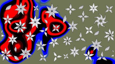 Modern çiçek arkaplanı. Halk tarzı. Parlak renkli çiçekli ve yeşil yapraklı harika bir çiçek deseni. Moda baskıları için zarif bir şablon.