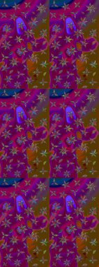 Retro tekstil tasarım koleksiyonu. Çiçekli ipek eşarp. 1950-1960 motifleri. El çizimi çiçek unsurları olan soyut çizim raster deseni. Mor üzerine mor.