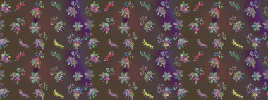 Elle boyanmış suluboya, dikişsiz çiçekler ve bitkiler. Kahverengi, gri ve mor renkte çiçekler.