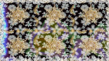 Klasik klasik klasik arka plan. Raster illüstrasyonu. Gri renklerde, altın elementlerle kusursuz desen. Geleneksel oryantasyon süsü. Kusursuz klasik raster altın desenli.