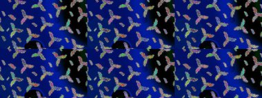 Kar tanelerinin soyut arkaplanlı Noel şablonu. Raster illüstrasyonu. Noel ve yeni yıl moda baskıları için tatil tasarımı. Mavi, siyah ve yeşil kar taneleri.