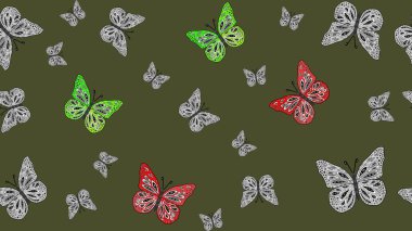 Kumaş, tekstil, baskı ve davetiye örnekleri. Doğadaki güzellik. Raster. Çizim kalıbı. Yeşil arka planda uçan güzel kelebek.