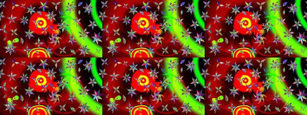 Raster illüstrasyonu. El çizimi çiçekli soyut çizim kalıbı. Kırmızı renkte çiçekler.