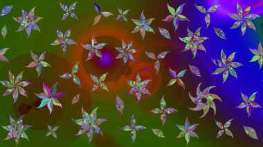 Bir sürü yeşil ve soyut çiçekli tropik eskiz deseni. Küçük çiçekteki sevimli çiçek deseni. Varicologreen Raster çizimi.