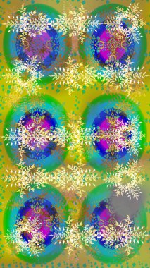 Kar taneleri radyal yeşil, sarı ve mavi renkler. Renkli arka planda güzel kar taneleri. Raster illüstrasyonu..