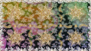 El yapımı dekoratif çerçeve, albüm kapağı, tebrik kartı, klasik Art deco tarzı. Raster soyut çiçek çelengi altın karalama fantezi yaprakları ve gri renkli çiçekler.