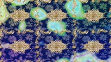 Soyut duvar kâğıdı, ambalaj dekorasyonu. Mavi renkli Raster altın deseni. Altın kar tanesi basit bir çizim kalıbı. Kışın sembolü, Mutlu Noel tatili, Mutlu yıllar 2019.