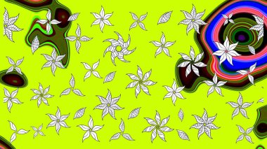 Çiçekli ipek eşarp. 1950-1960 motifleri. Yeşil yeşile. El çizimi çiçek unsurları olan soyut çizim raster deseni. Retro tekstil tasarım koleksiyonu.