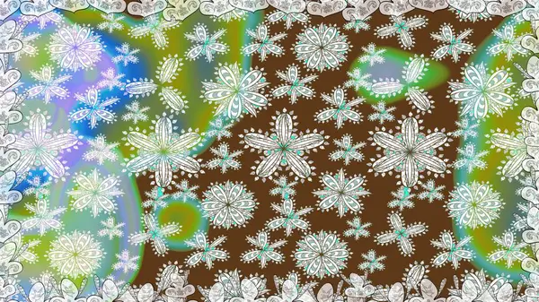 Raster illüstrasyonu. Çiçeklerle suluboya desenli çiçek deseni. Kahverengi renkli Asyalı tekstil.