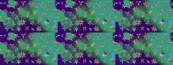 Yapraklı çiçekler ve mavi renkli papatya çiçekleri. Raster - stok. Taslak arkaplan deseni.