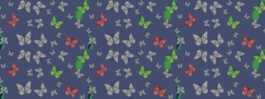Raster. Çizim kalıbı. Kağıt, kumaş ve ambalaj için uygun. Mavi sevimli arka planda kelebekler.