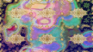 Süslü dekorasyon. Raster klasik barok çiçek deseni altın rengi. Tarafsız renklerdeki altın desenler ve altın elementler. Lüks, kraliyet ve Viktorya dönemi konsepti.