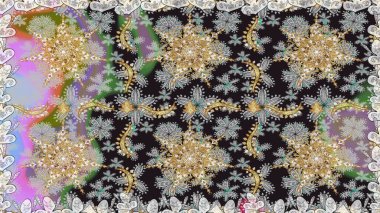 Raster illüstrasyonu. Damask altın soyut çiçek gri renklerde pürüzsüz desen. Süsleme.