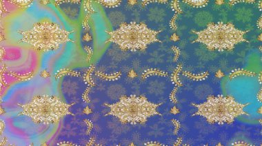 Davetiyeler, kartlar, web sayfası için Raster illüstrasyon. Mavi renklerdeki altın element. Doğu tarzı element. Tasarım şablonu için çizgi çizimi sınırı. Altın çizgili çiçek dekoru.