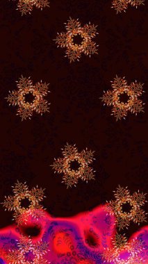 Güzel, siyah, kahverengi ve kırmızı kar taneleri renkli bir arka planda izole edilmiş. İllüzyon. Kar taneleri, kar yağışı. Düşen Noel stilize kar taneleri.