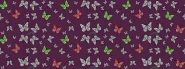 Bahar ve yaz tasarımı için renkli bir arkaplan. Kelebekli çizim şekli. Elle çizilmiş illüstrasyon. Raster renklendirilmiş sonsuz doku.