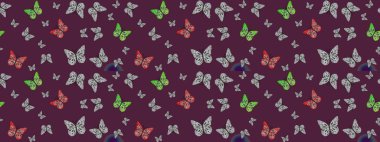 Raster. Renkli kelebeklerin güzel arka planı. Kıyafetler, erkekler, kızlar ve duvar kağıtları için soyut çizim kalıbı. El çizimi illüstrasyon.