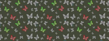 Yeşil renkli illüstrasyon. Tekstil, kumaş, baskı ve davetiye geçmişi. Kelebekli çizim şekli. Raster..