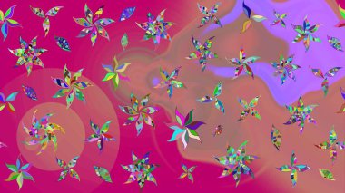 Çiçek ve yapraklı karalama şeklinde Raster çiçek deseni. Yumuşak, pembe renkte bahar çiçekleri. Raster illüstrasyonu.