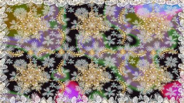 Kına dövmeli süs çiçekleri, altın çıkartmalar, mehndi ve yoga tasarımı, kartlar ve parmak izleri. Raster Golden Mehndi kusursuz desen. Gri renklerde desen.