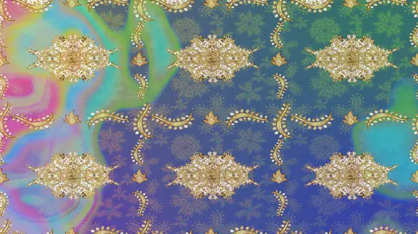 Davetiyeler, kartlar, web sayfası için Raster illüstrasyon. Mavi renklerdeki altın element. Doğu tarzı element. Tasarım şablonu için çizgi çizimi sınırı. Altın çizgili çiçek dekoru.