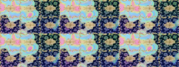 Altın çiçekli eskiz deseni. Barok tarzında altın çiçekli süs. Damask arkaplanı. Mavi renkteki altın element.