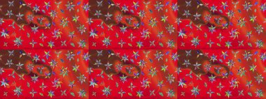 Moda baskıları için zarif bir şablon. Modern çiçek arkaplanı. Parlak renkli çiçekli ve kırmızı yapraklı harika bir çiçek deseni. Halk stili.