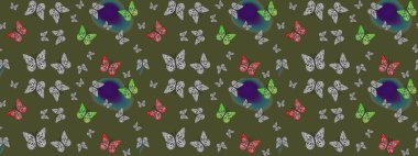 Yeşil sevimli arka planda kelebekler. Raster. Kağıt, kumaş ve ambalaj için uygun. Çizim deseni.