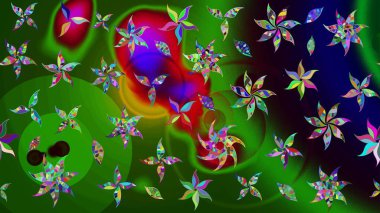 Çiçek desenli çizim. Raster illüstrasyonu. Raster illüstrasyonu. Asya tekstil tarzında. Yeşil renkte çiçekler.