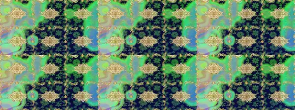 Altın çiçekli eskiz deseni. Yeşil renkte altın bir element. Damask arkaplanı. Barok tarzında altın çiçekli süs..