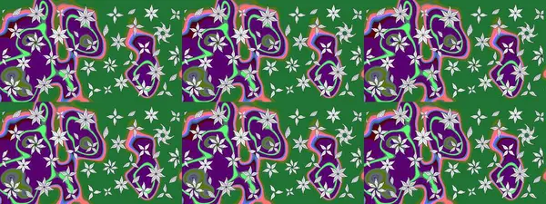 El çizimi çiçekli soyut çizim kalıbı. Raster illüstrasyonu. Yeşil renkte çiçekler.