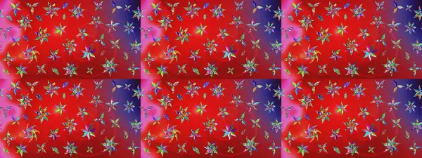 Çok renkli küçük çiçekler ve kırmızı renkli komik böcekler, raster desen, illüstrasyon.