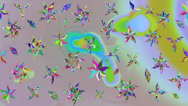 Tarafsız renklerde çok renkli, zarif küçük çiçekler ve komik böcekler, raster deseni, illüstrasyon.