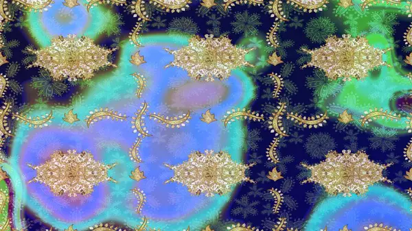 Altın elementli mavi renklerde altın eskiz deseni. Noel, kar tanesi, yeni yıl. Mavi renklerde altın elementli eskiz kalıbı.