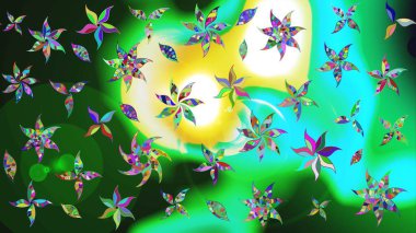 Moda baskıları için zarif bir şablon. Parlak renkli çiçekli ve yeşil yapraklı harika bir çiçek deseni. Halk tarzı. Modern çiçek arkaplanı.