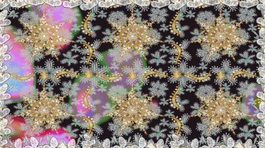 Damask altın soyut çiçek gri renklerde pürüzsüz desen. Süslü dekorasyon. Raster illüstrasyonu.