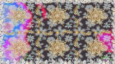 Gri renkler ve altın elementler üzerinde altın pürüzsüz desen. Gri renklerde ve altın elementlerle kusursuz klasik desen. Noel, kar tanesi, yeni yıl.