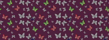 Kahverengi renkli resim. Kelebekli parlak eskiz deseni. Raster illüstrasyonu. Moda Kumaşı Tasarımı.