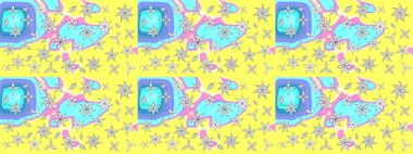 El çizimi çiçek unsurları olan soyut çizim raster deseni. 1950-1960 motifleri. Çiçekli ipek eşarp. Sarı üstüne sarı. Retro tekstil tasarım koleksiyonu.