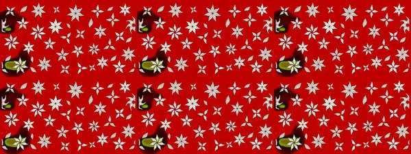 Eskiz arkaplan modeli. Yapraklı çiçekler ve kırmızı renklerde papatya çiçekleri. Raster - stok.