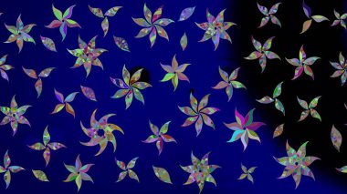 Suluboya elle çizilmiş çiçek desenli eskiz deseni. Parlak renkli fantezi çiçekleri, yapraklar, mavi renkli tomurcuklar.