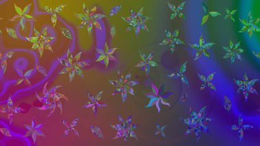 Suluboya elle çizilmiş çiçek desenli eskiz deseni. Parlak renkli fantezi çiçekleri, yapraklar, kahverengi renkli tomurcuklar, kahverengi.