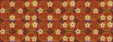 Kar tanelerinin soyut arkaplanlı Noel şablonu. Noel ve yeni yıl moda baskıları için tatil tasarımı. Kahverengi, turuncu ve sarı kar taneleri. Raster illüstrasyonu.