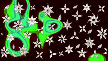 Raster illüstrasyonu. Çiçek ve yapraklı karalama şeklinde Raster çiçek deseni. Nazikçe, bahar çiçekleri siyah renklerde.