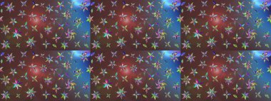 Kahverengi arka planda. Çocuksu tasarım. Tekstil, kumaş, ambalaj, hatıra defteri için hoş bir çiçek arkaplanı. Elle çizilmiş karalama çiçekleri ile Raster çizim deseni.