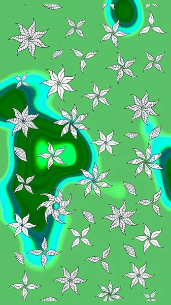 Raster illüstrasyonu. El çizimi çiçekli soyut çizim kalıbı. Yeşil renkte çiçekler.