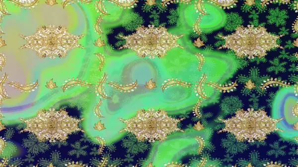 Çiçek desenli altın metal. Altın şablonu çiz. Raster altın çiçek süsü brokar kumaş ve cam desenli. Altın elementli yeşil renkler.